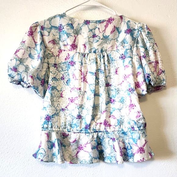 RAHI Floral Pouf V-Neck Button Up Top Blouse Light Blue Small - Picture 4 of 9